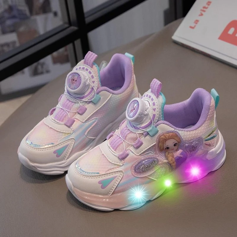 Girls Shoes New Leather Rotating Buttons Kid Sneakers LED Flashing Soft Sole Sport Footwear Baby Children Toddler Shoe Trainers