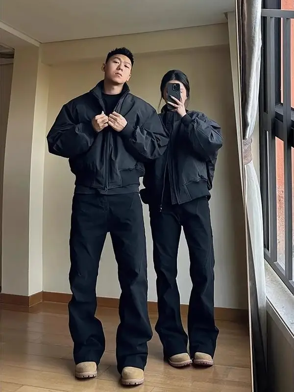 

Short Bomber Flight Jacket Men's Cotton Winter High-End Feeling Cleanfit Couple's Outerwear Loose Fit Long Sleeve Zipper Closure