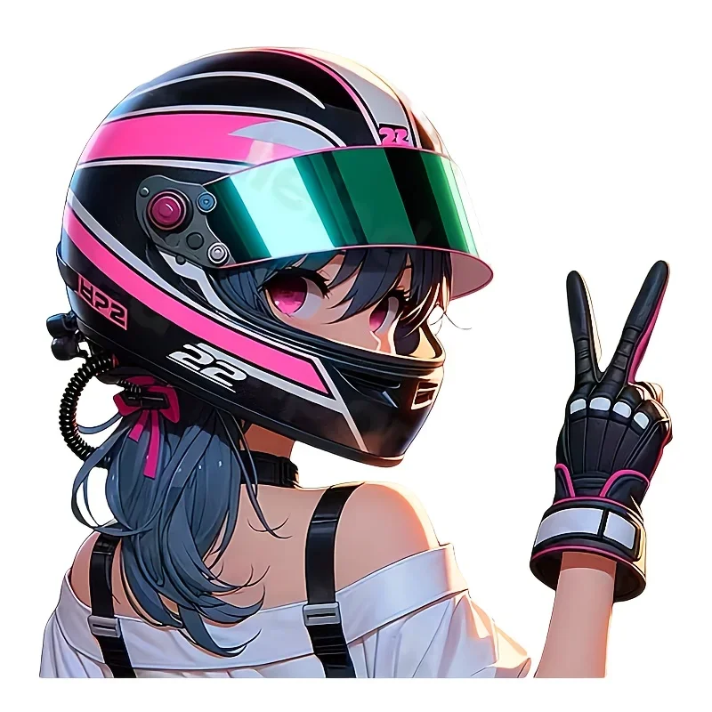 Racing Helmet Anime Girl Waterproof Vinyl Sticker, Glossy Scratch Resistant Decal for Motorcycle Car Laptop Decor