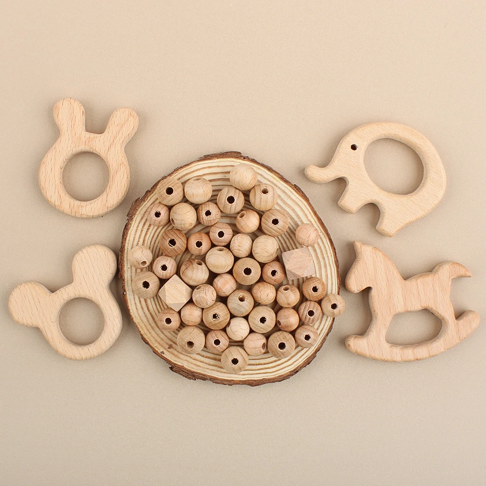 31Pcs/Set Baby Wooden Beads Teether Set Cartoon Animals Shape Natural Beech Wood Beads DIY Pacifier Chain Nursing Accessories