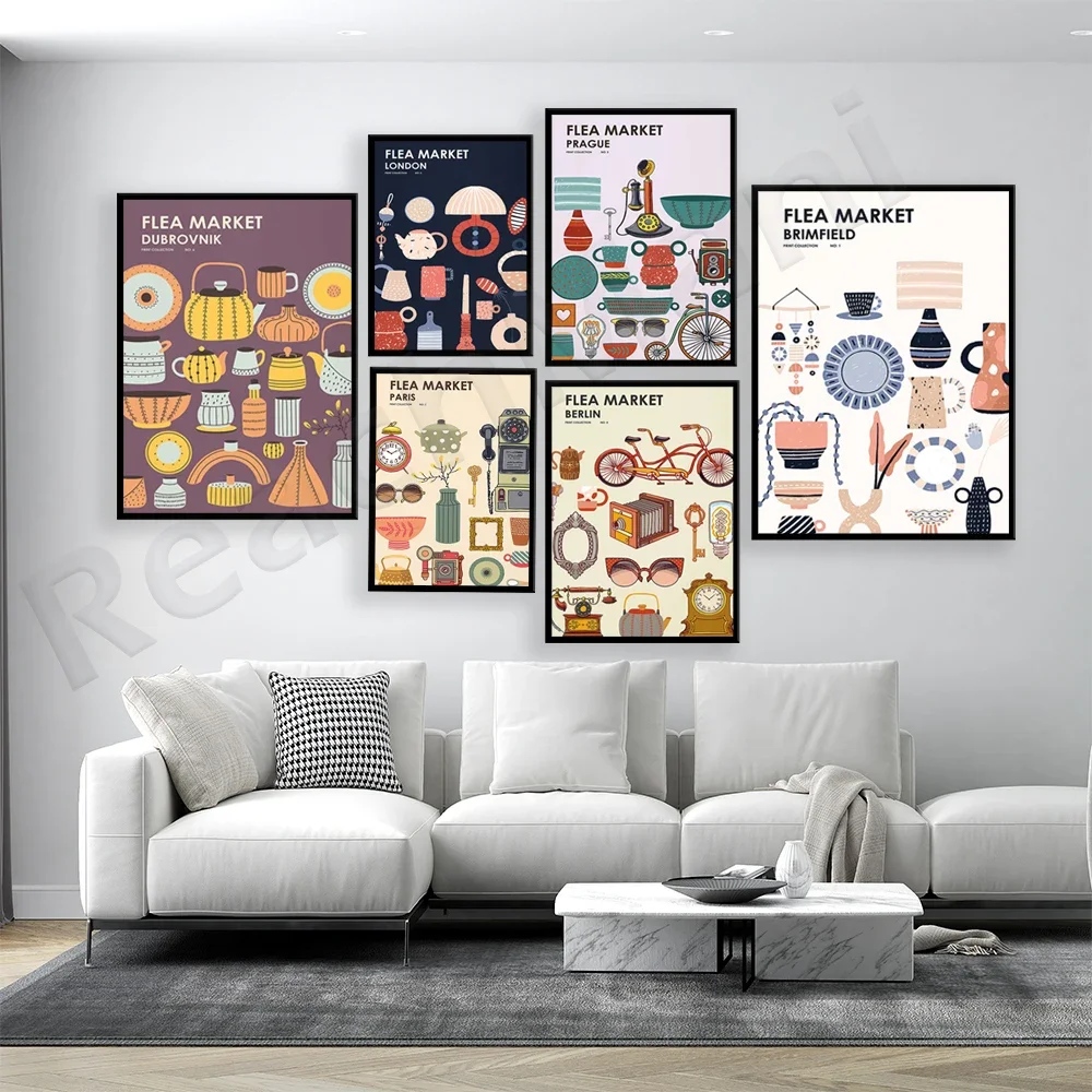 Flea Market Print Collection Vintage Objects Posters - London Berlin Paris Dubrovnik Prague Brimfield Outdoor Antiques Fair