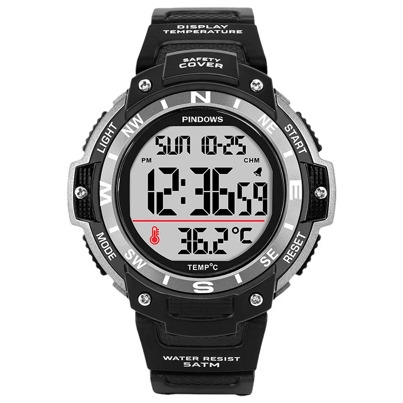 Waterproof Digital Watches Men Blue Thermometer Display Electronic Hand Clock Boy Original Brands Male Sport Wristwatch Silver