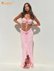 Modphy Sexy Pink Ruffles 3D Flowers Halter Crop Top Maxi Skirt Two Piece Set Women 2024 Summer New Vacation Party Outfits