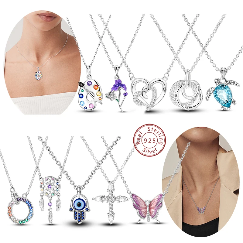 Necklace For Woman Wedding Fine Jewely 925 Sterling Silver Simple Basic Classic Butterfly Iris Heart Bear Cross Chain Necklace