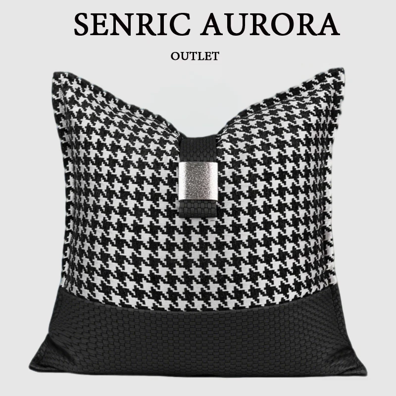 Design Luxury Cushion Cover 45x45 Black and silver Velvet-cut Houndstooth Leather Patchwork Pillow Case For Home Hotel Bed Sofa