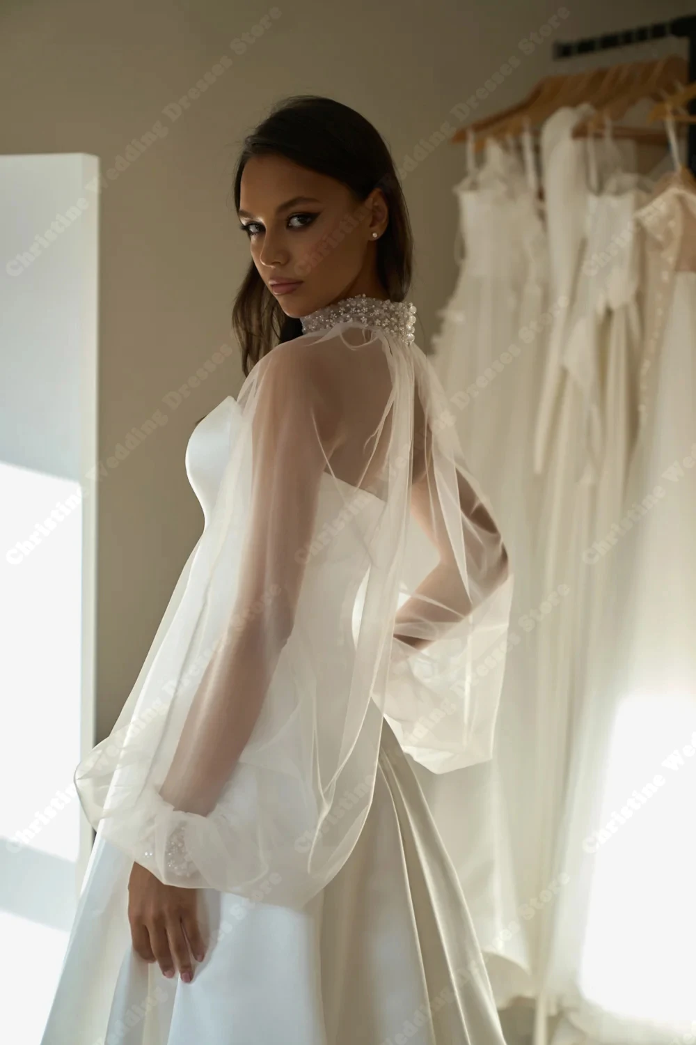 우아한 새틴 신부 드레스 미니멀리스트 패션 A라인 퍼프 튤 긴 소매 웨딩 드레스 연회용 베스티도 데 노비아 맞춤 제작