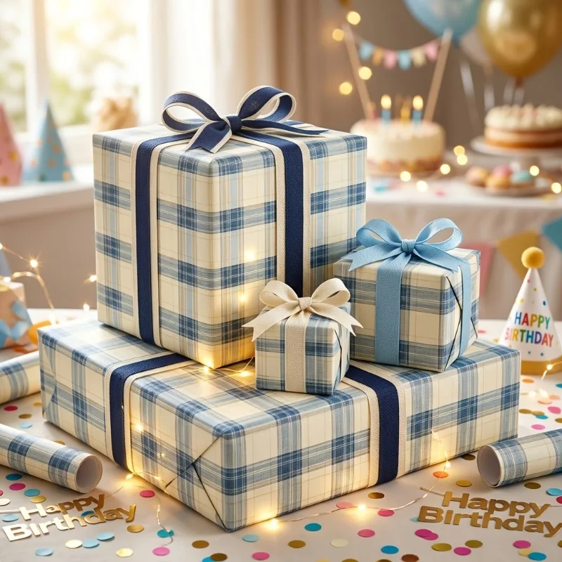 Elegant Blue & Beige Plaid Gift Wrap Roll, Classic Checkered Design For Christmas, Birthday, Wedding & Holiday Gift Wrapping