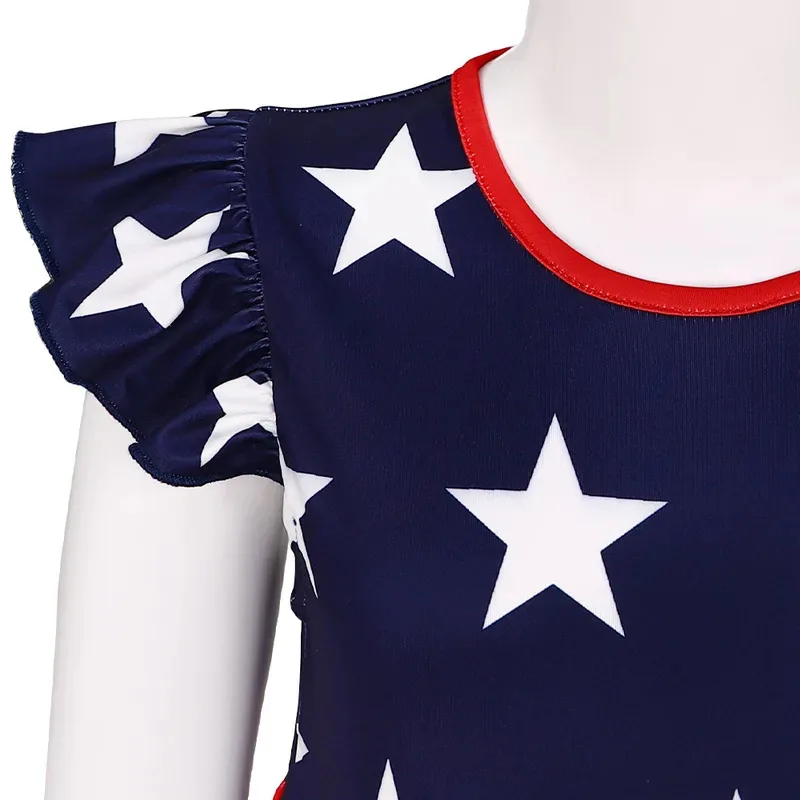 Summer Independence Day Kids Girls Flying Sleeve Stars Stripe Print A-line Dress Festival Clothes om[8