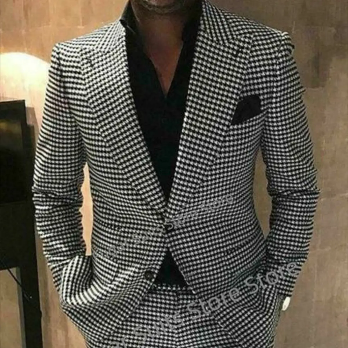 

Fashion Houndstooth Checkered Elegant Suits For Men Slim Fit Peak Lapel Groom Tuxedos Prom 2Pcs Luxuly Male Blazer Costume Homme