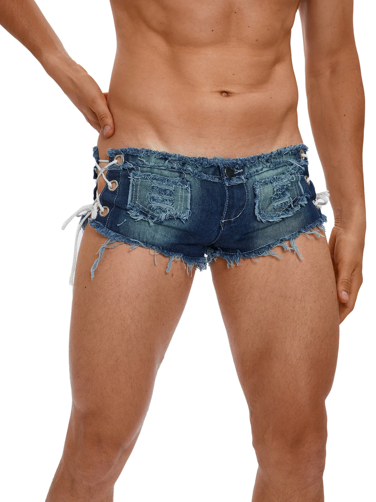 

Sexy Men's Tight Denim Shorts Low Waist Ultra Cross Dressing Hollow Out Side Slits Jeans Shorts