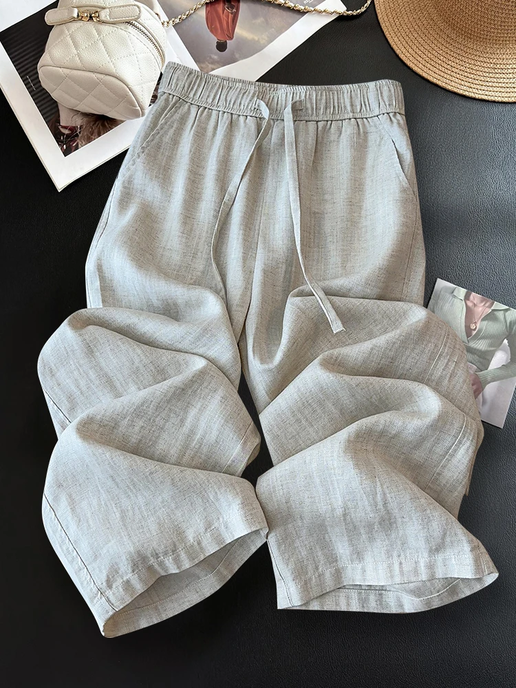 بنطلون واسع الساق للنساء صيفي جديد رقيق بخصر عالٍ نحيف من القطن والكتان مستقيم مريح وقابل للتنفس وفضفاض