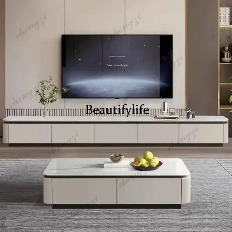 Mueble de TV de madera beige con cajones decorativos, mueble de TV de diseño delgado y largo, mueble de TV de lujo que ahorra espacio para el hogar