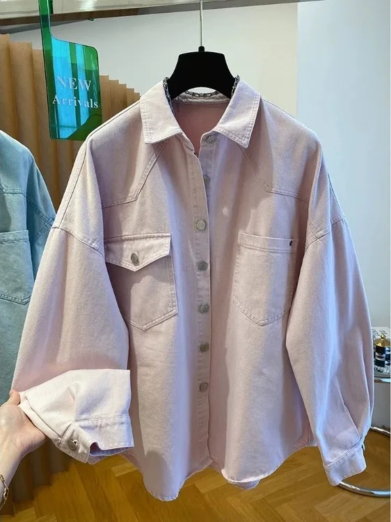 

Рубашка из светло-голубого денима в стиле ретро, свободного кроя, женская, модная, весенняя новинка, универсальная верхняя одежда, повседневная, с воротником, на пуговицах