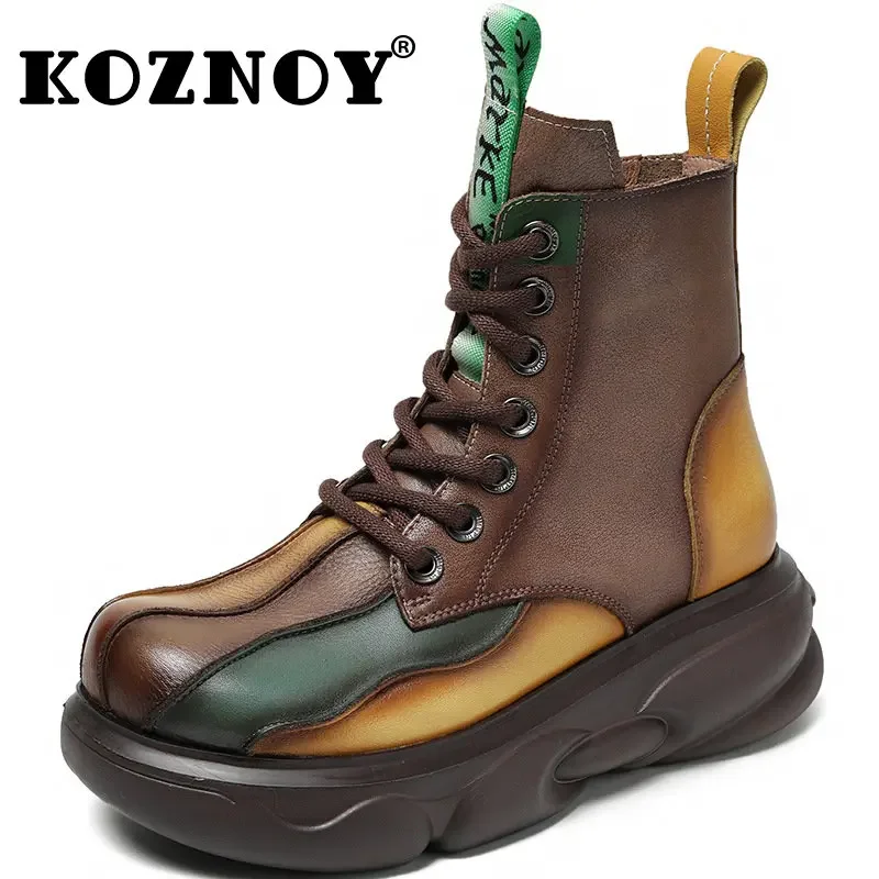 Koznoy Ankle Boots Leather Brown 5cm Genuine Platform Autumn Spring Mid Calf Motorcycle Booties Mixed Color Women Ethnic Shoes