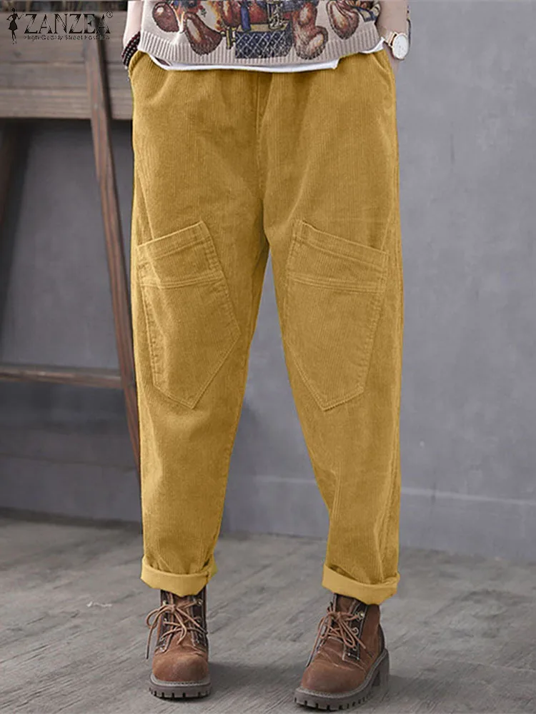 

ZANZEA Female Corduroy Solid Pantalon Autumn Pants Vintage Elastic Waist Harem Pants Causal Loose Casual Trousers Women Turnip