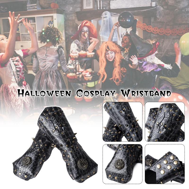 

2 Pcs Men Medieval PU Leather Armor Arm Warmers Viking Knight Gauntlet Pirate Wristband Rivet Bracer Cosplay Accessories