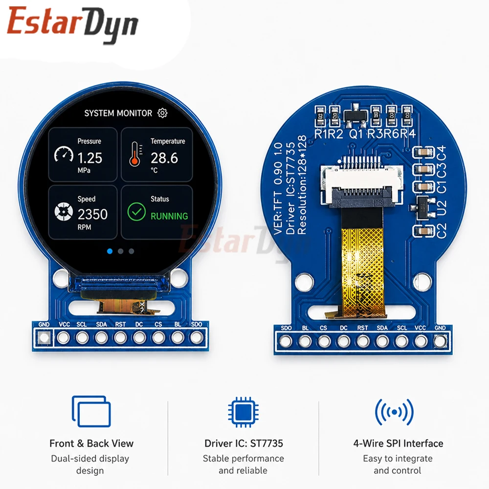 Estardyn 0.9 Inch Mini Round TFT LCD Display Module 128x128 ST7735 SPI Color Screen for ESP32 DIY