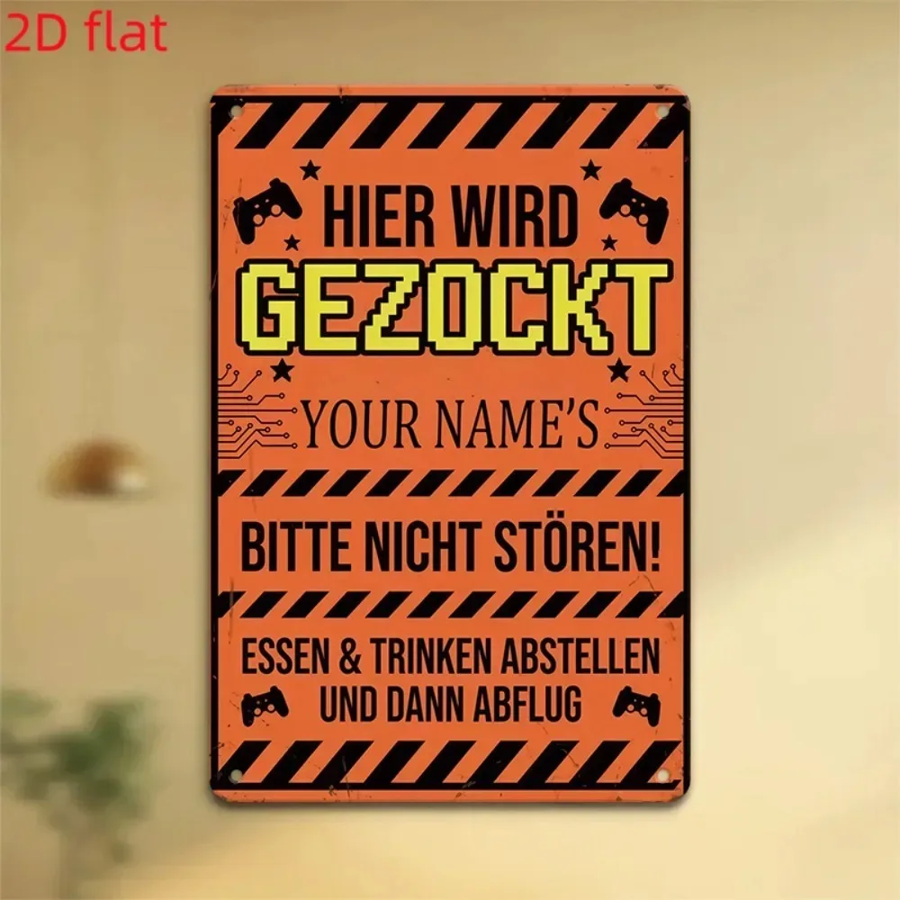 CIFbuy 2D Flat Custom Name German Gaming Warning Metal Sign,Do Not Disturb Gamer Room Door Wall Decor