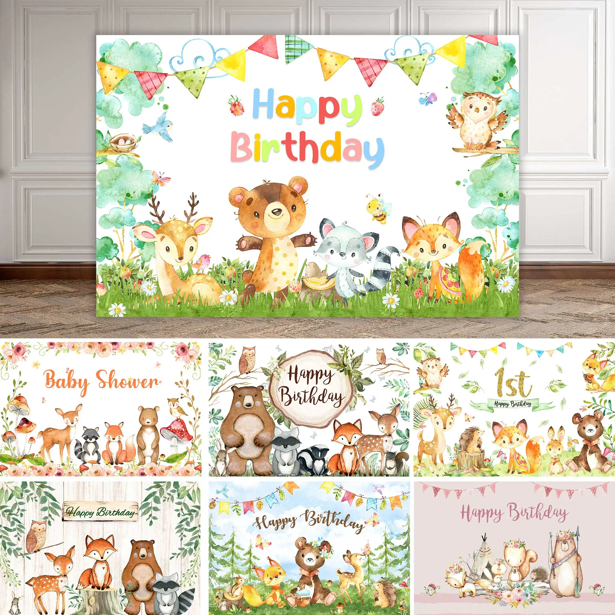

NeoBack Forest Animals Woodland Backdrop Party Flowers Leaves Birthday Decoration Baby Shower Fox Bear Background Photo Studio
