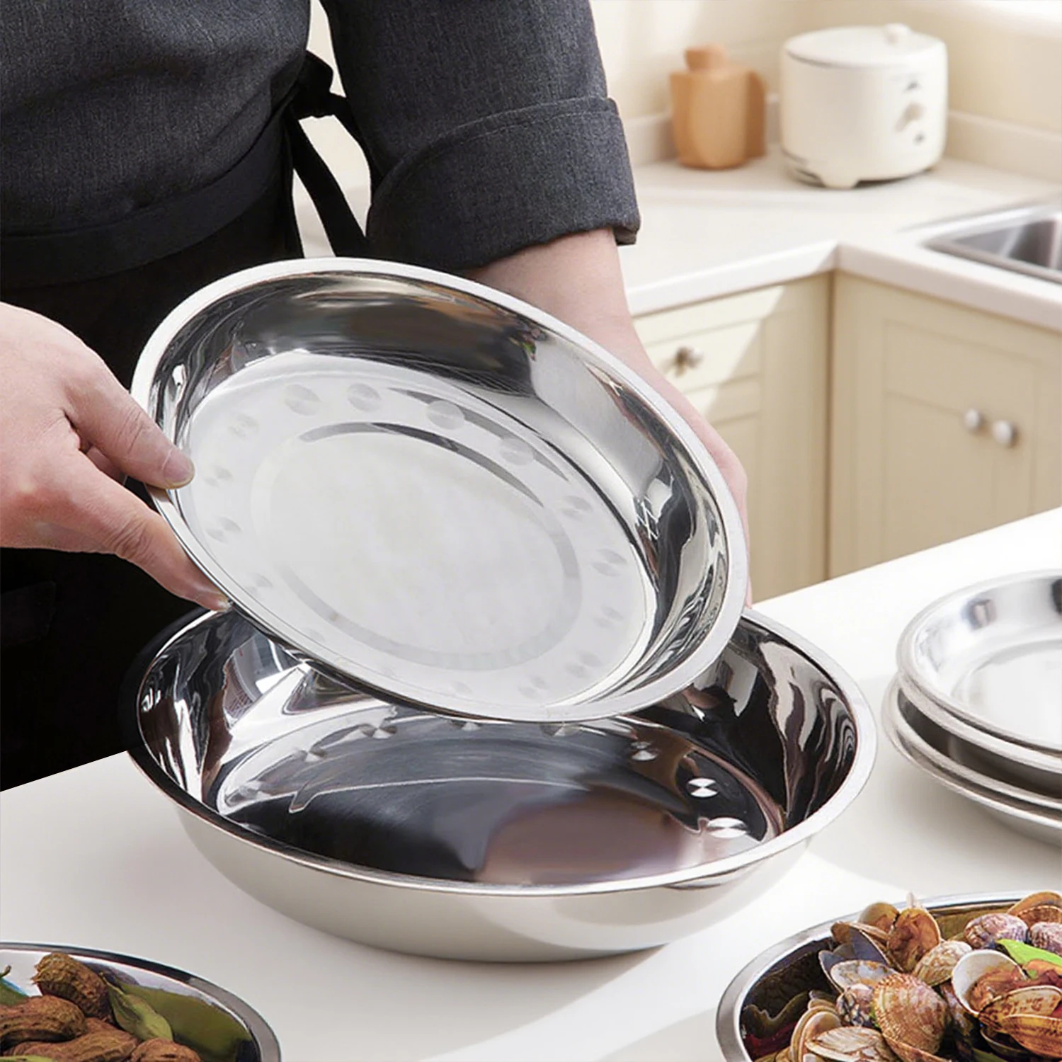 Speiseteller, große dicke runde Teller, Edelstahlplatten mit hochglanzpolierter Oberfläche, geeignet zum Versammeln von Grillen