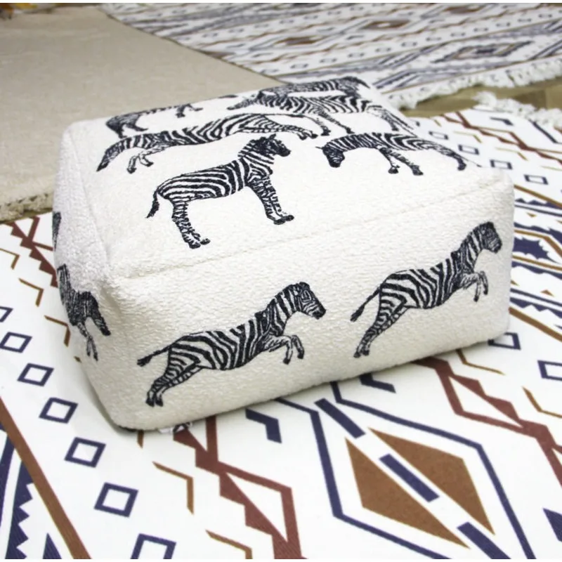 White Zebra Print Floor Cushion Meditation Pouf Stool for Yoga Washable Round Seat Plush Decorative Accent Pillow for Home