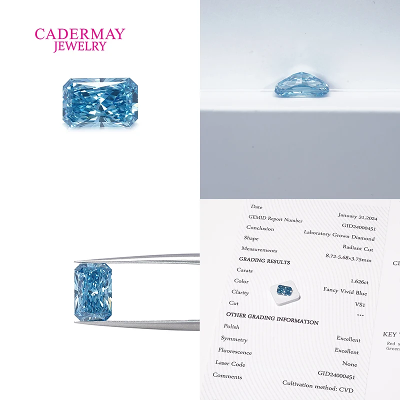 Cadermay GEMID Certificate CVD Blue Diamonds 1.6ct 2ct Radiant Shape Vivid Blue Lab Grown Diamond For Jewelry Making