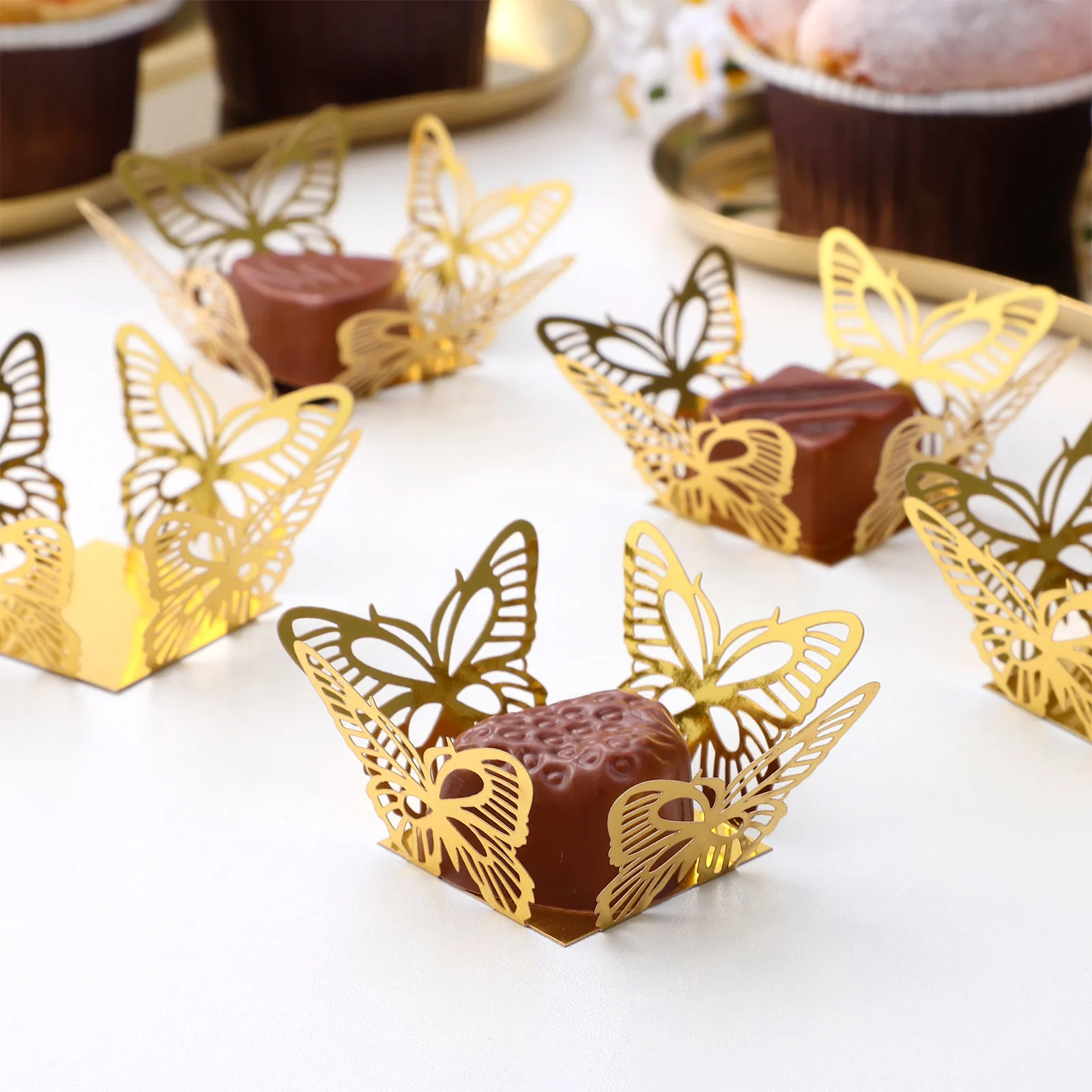 

50 pcs Double Sided Gold Chocolate Paper Cups Square Cupcake Liners Truffle Wrappers for Parties Festivals Weddings Decorative