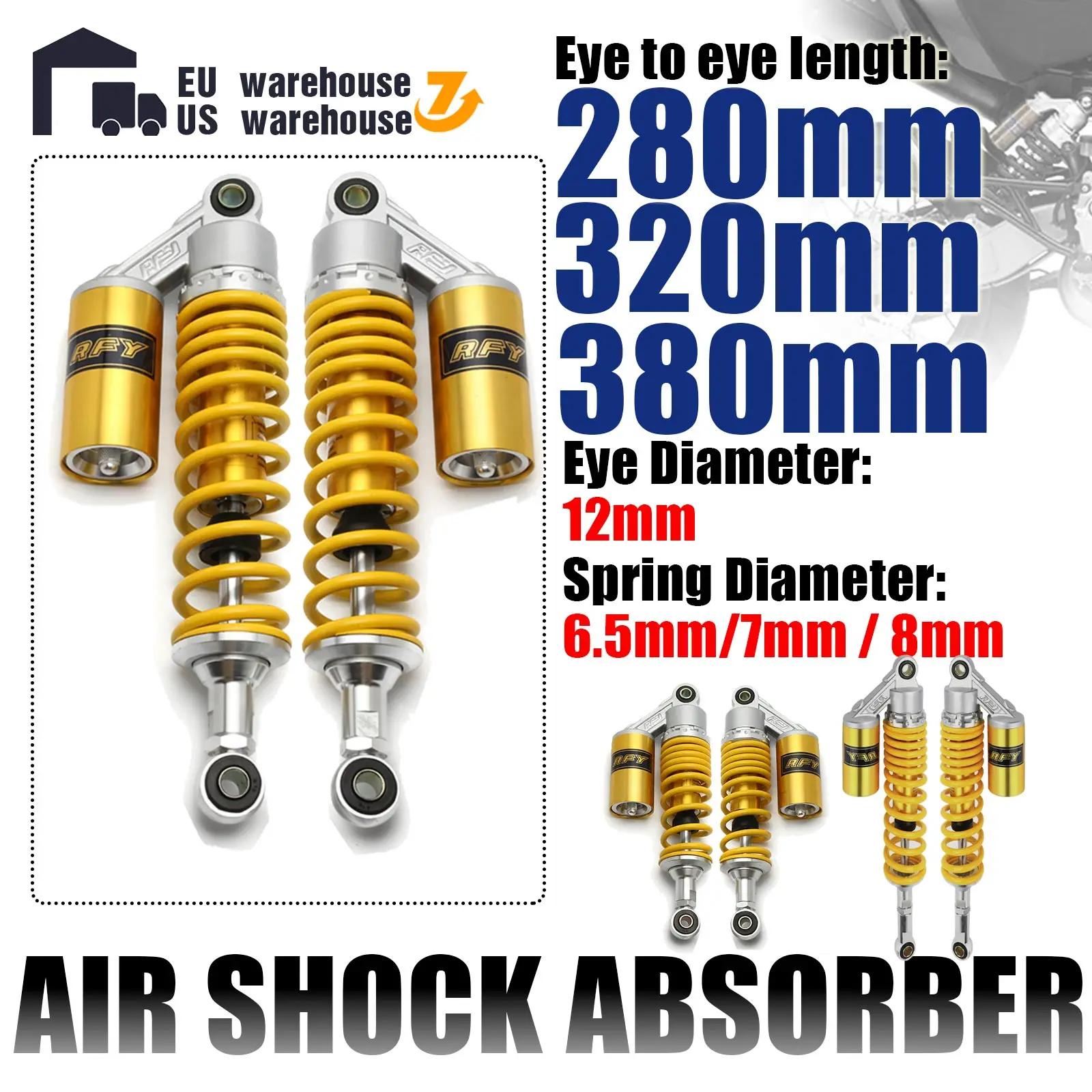 280mm 320mm 380mm Motorcycle Motorcross Dirt BIke Air Shock Absorber Rear Suspension ATV Quad Scooter Gas Cylinder Spring Yellow