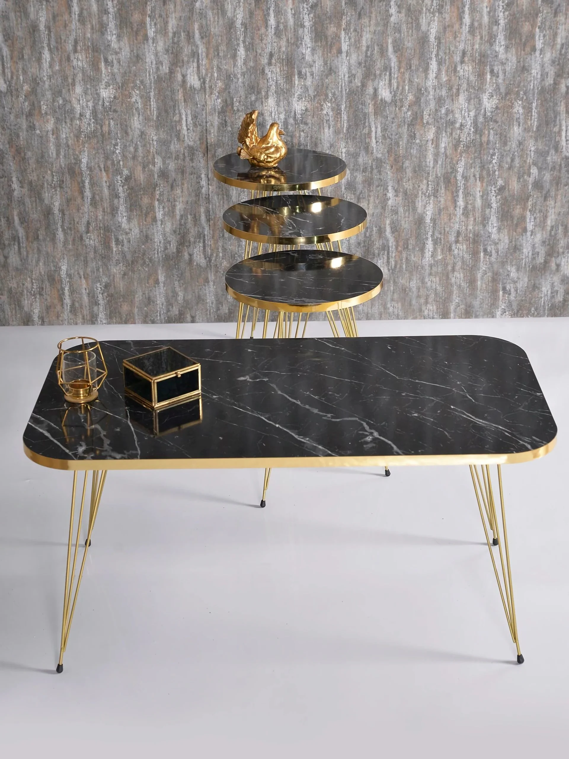 GOLDFALEZ 3 PCs Zigon Tea Coffee Table And Medium Sofa Set Gold Metal Flip Multi-Purpose Use Quality Material Black Marble