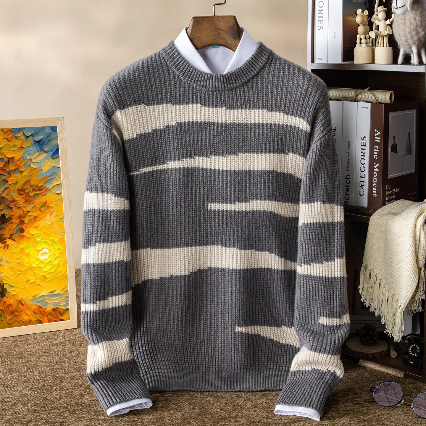 Winter 100% pure cashmere sweater men's round neck thick striped sweater young and middle-aged warm cashmere sweater
