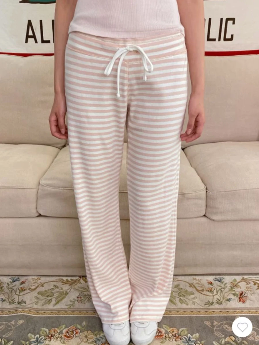 Pink Striped Cute Wide Leg Pants Women Autumn New Low Waist Drawstring Trousers Female Sweet Preppy Style Sport Sweatpants New