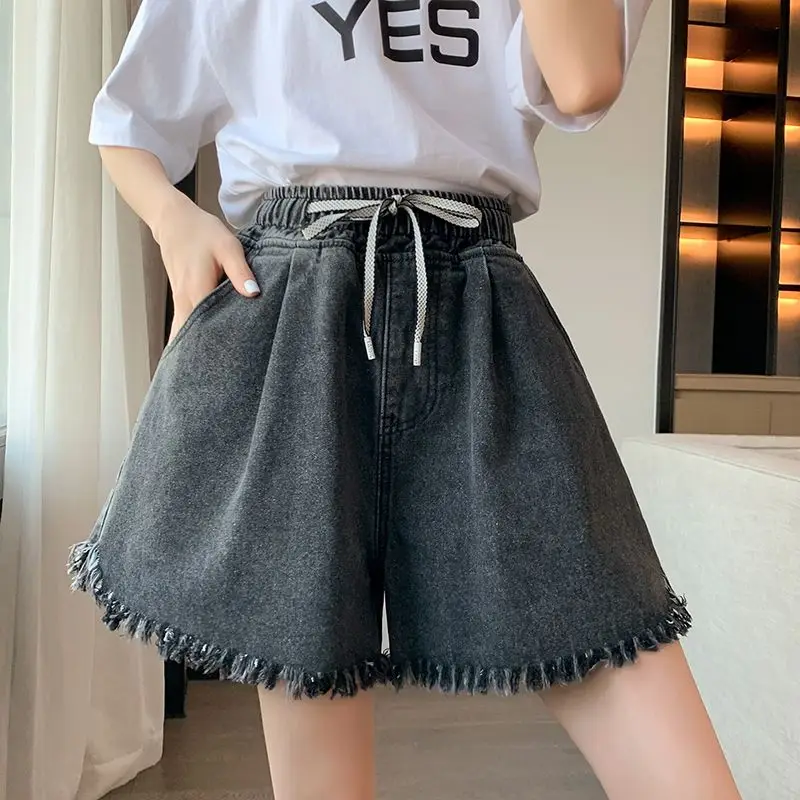 Big Size Denim Shorts Summer Thin Section Leg Wide Loose Tight High Waist Female Students Fattening Women Tassel Wide