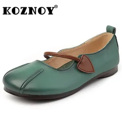 Koznoy 1.5cm Retro Ethnic 2022 Genuine Leather Mom Autumn  Women Soft Soled Flat Round Toe Shallow Hook Slip on Big Size Shoes