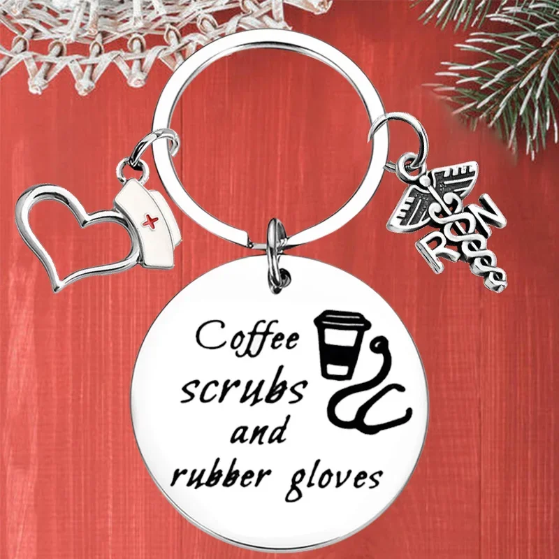 Metal Funny Nurse RN Gift Keychain Pendant Doctor Nurse Appreciation Key Chains Coffee scrubs and rubber gloves