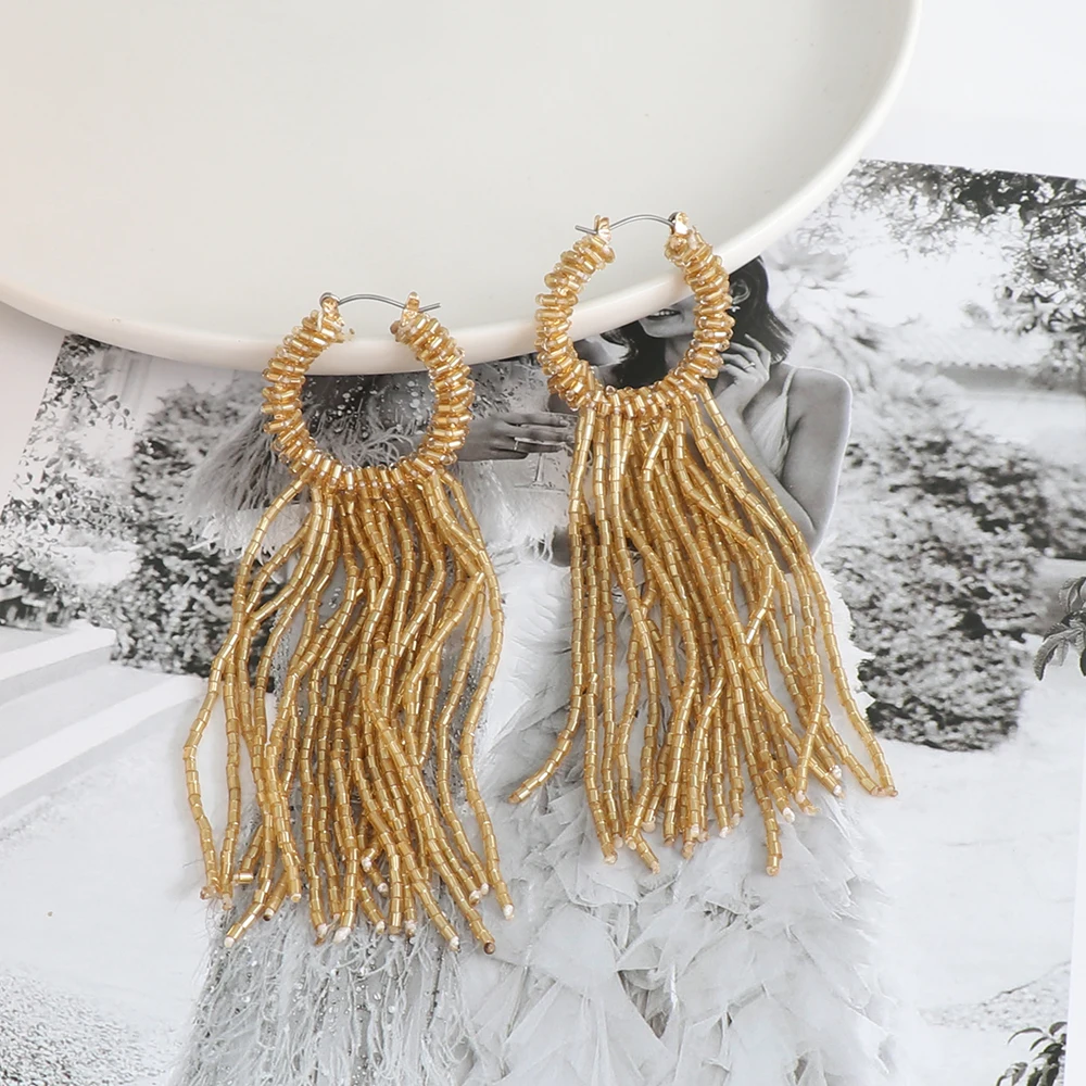 New Bohemian Beads Long Tassel Drop Earrings For Women Statement Jewelry Gift