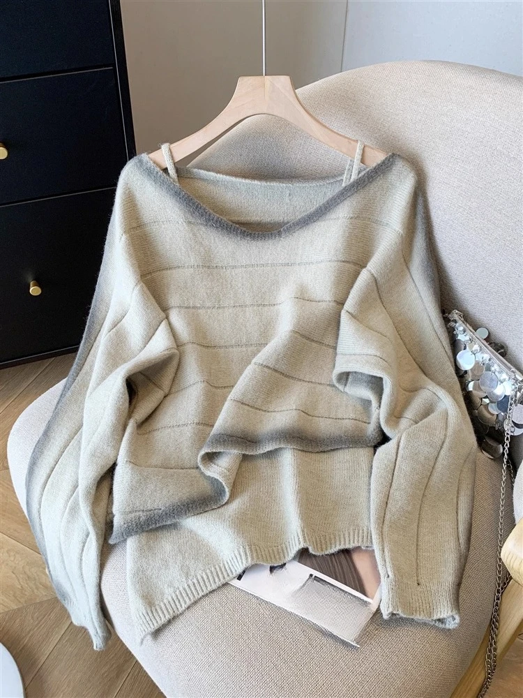 

Lazy Style Sweaters Slash Neck Long Sleeve Tie Dye Irregular Pullovers+knit Tanks Two Piece Sets Autumn Winter Women's Clothing