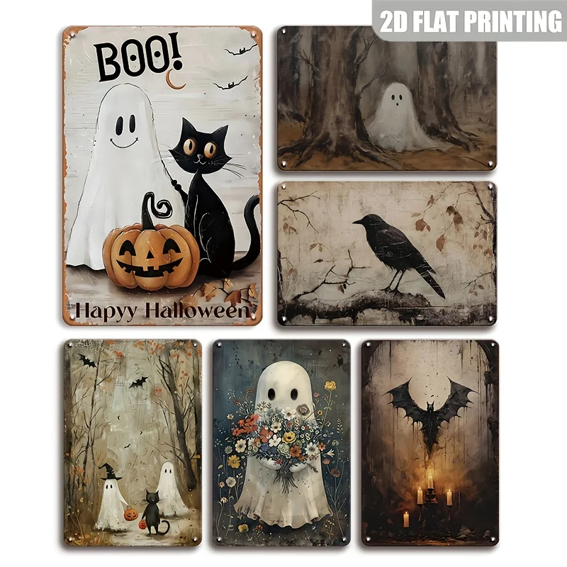 

2D Flat - Набор винтажных металлических жестяных вывесок на Хэллоуин из 6 предметов - Жуткий настенный рисунок с призраками, тыквой, летучими мышами и дизайном дома с привидениями,