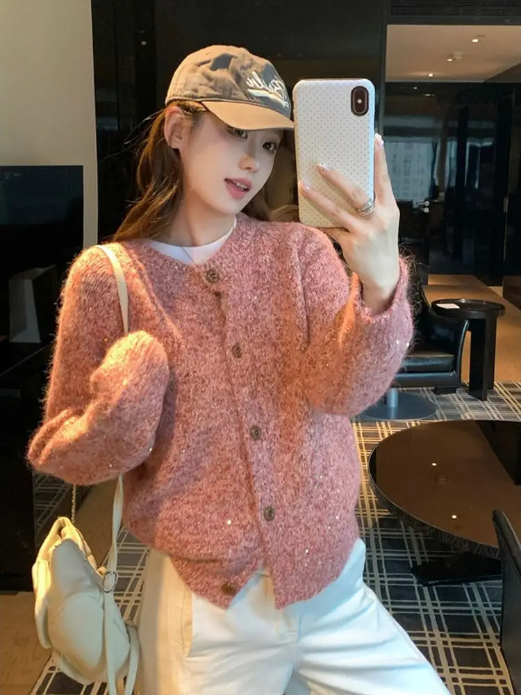 

Корейский вязаный кардиган-свитер Laid-ba, женский, осенне-зимний, новый, нежный, стройнящий, модный, длинный рукав