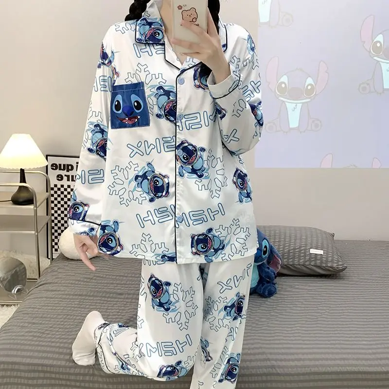 Stitch winter ice silk long-sleeved cartoon pajamas cardigan loose Disney new two-piece set women\'s pajamas loungewear set