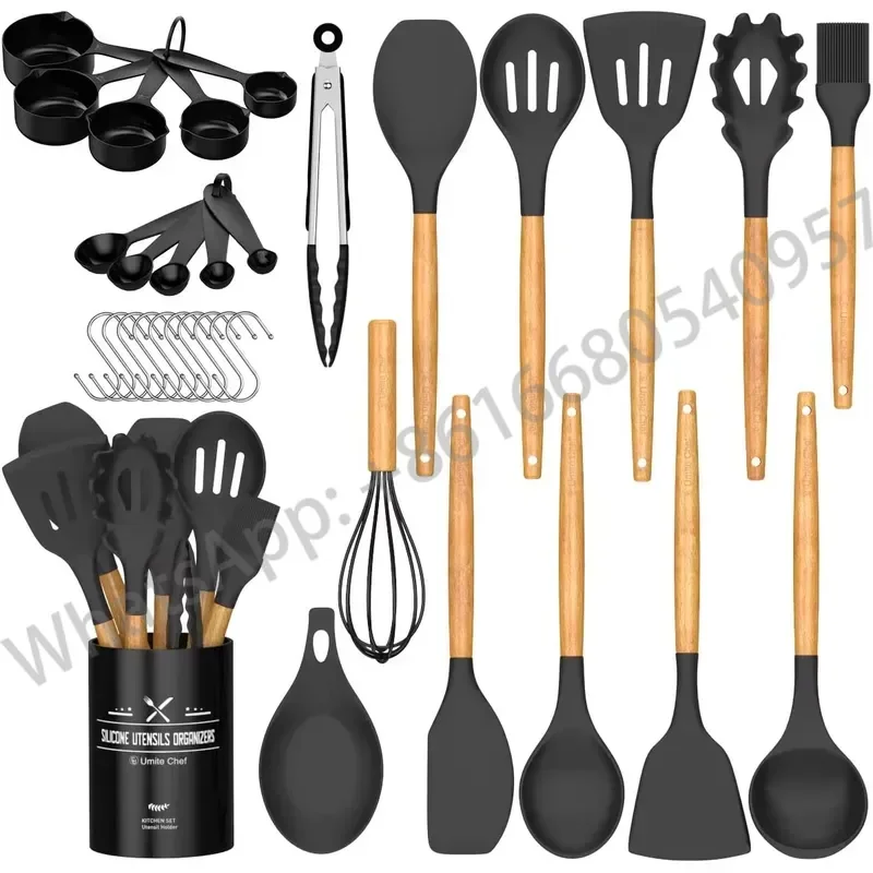33 Pieces Home or Picnic Silicone Kitchen Serving Utensil With Wood Handle Hook Cooking Tools