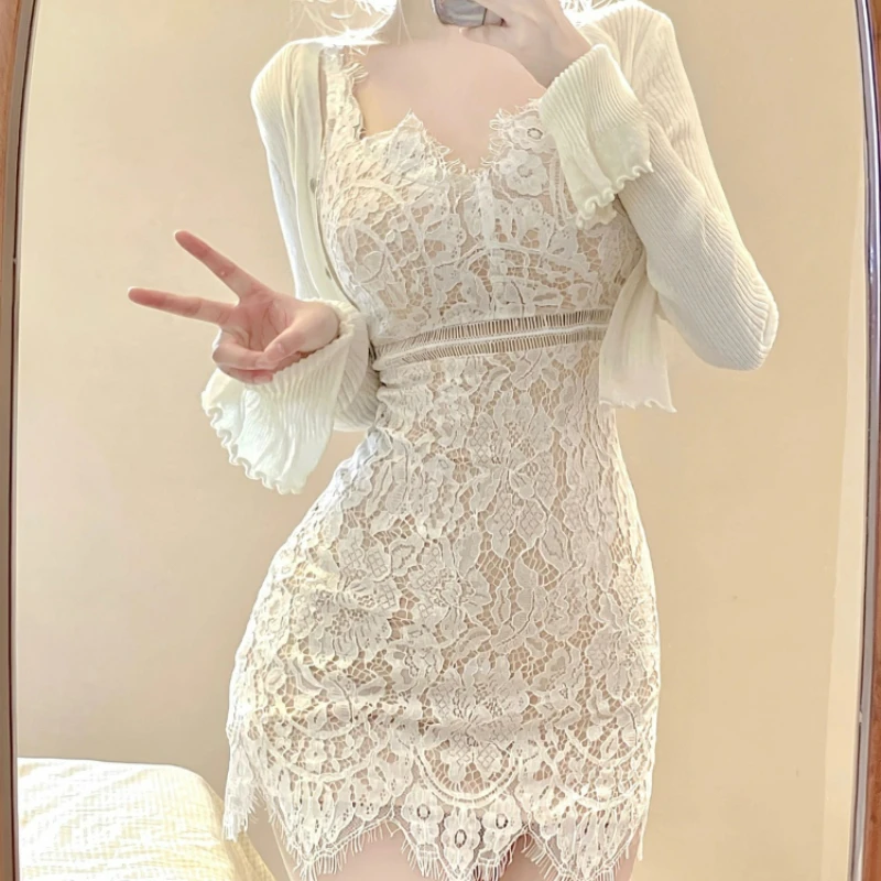 2024 Autumn Elegant Lace Lolita Dress Suit Woman Sweet Casual Short Cardigan Sexy Slim Y2k Mini Skirt Korean Fashion 2 Piece Set