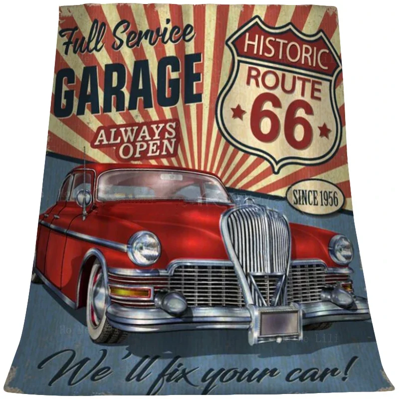 Коричневые винтажные автомобильные рекламные плакаты Route 66, служба ремонта гаража, фланелевое одеяло в стиле ретро от Ho Me Lili, подходит для кемпинга и дома Коричневые винтажные автомобильные рекламные плакаты Route 66, служба ремонта гаража, фланелевое одеяло в стиле ретро от Ho Me Lili, подходит для кемпинга и дома