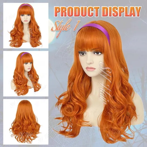 Imagen 2 del producto Peluca naranja rizada larga sintética + peluca Daphne con diadema morada, peluca marrón con flequillo + gafas + lupa peluca Velma para Halloween