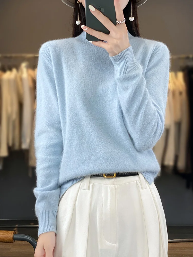 100% Mink Cashmere Sweater Women's Half High Collar Pullover Long Sleeve Cashmere Knitwear Fashion Autumn Winter Female Clothing