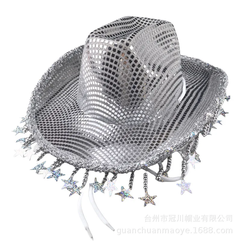 

Серебряная ковбойская шляпа с блестками, винтажная шляпа в стиле вестерн, дискотека, ночной клуб, вечеринка