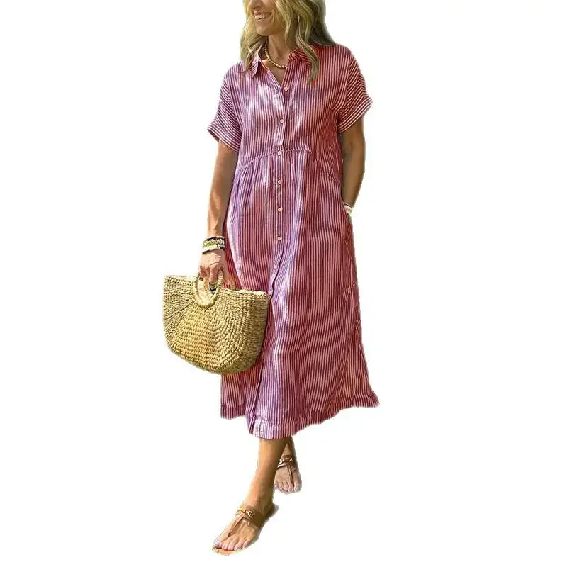 Orsso a righe grandi Sved irt Dr Cotone da donna Fre Sle Modello base Fibra di poliestere ort Sve Busin Casual