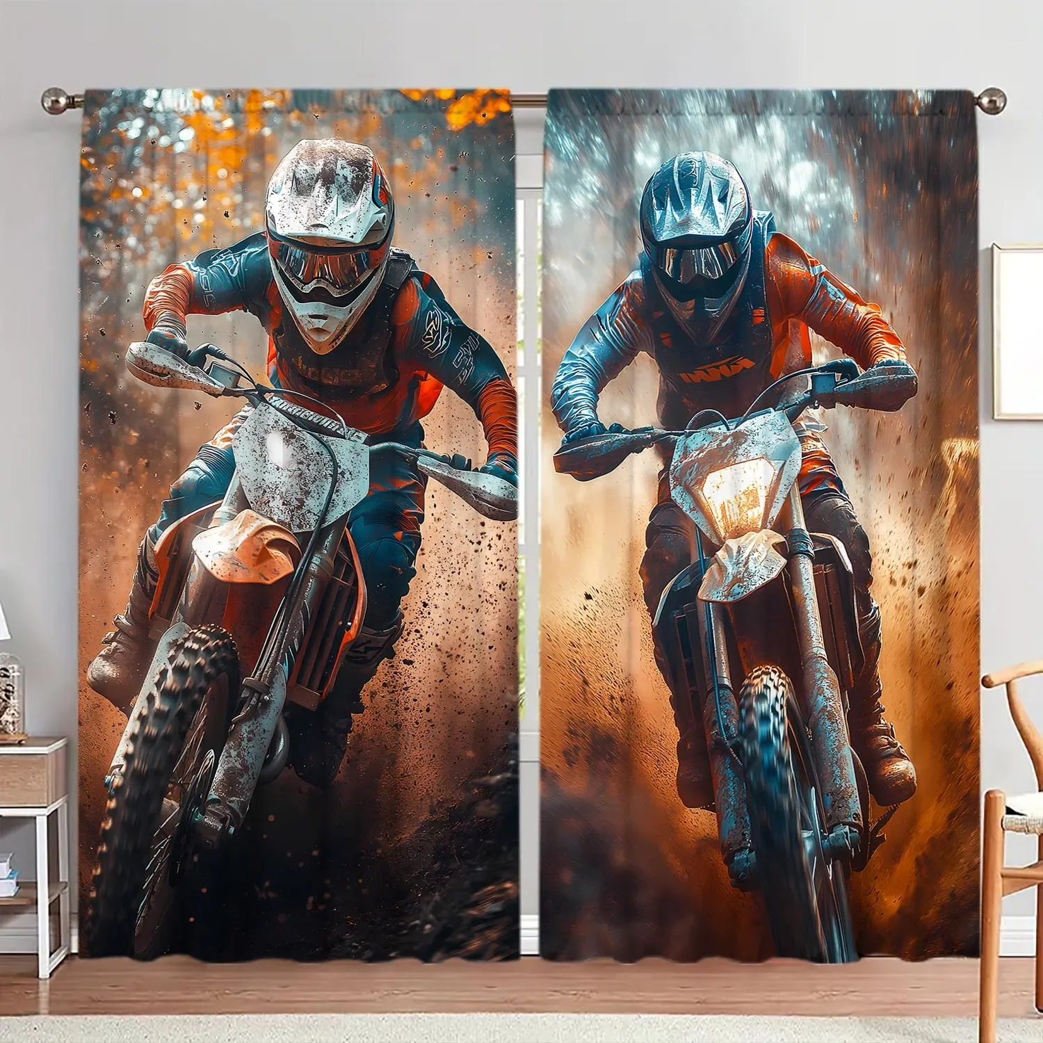 2-Panels Motorcycle Rider Printed Curtain - Artistic Home Decoration Curtains, All Season Decorative Curtains
