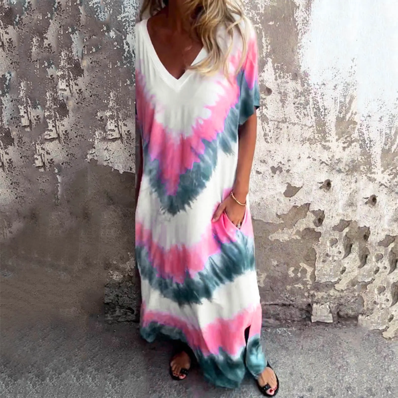 Women Casual Tie Dye Print Short Sleeve Dress For Weddings Formal Deep V Neck Loose With Pockets Beach Holiday Long Dresses