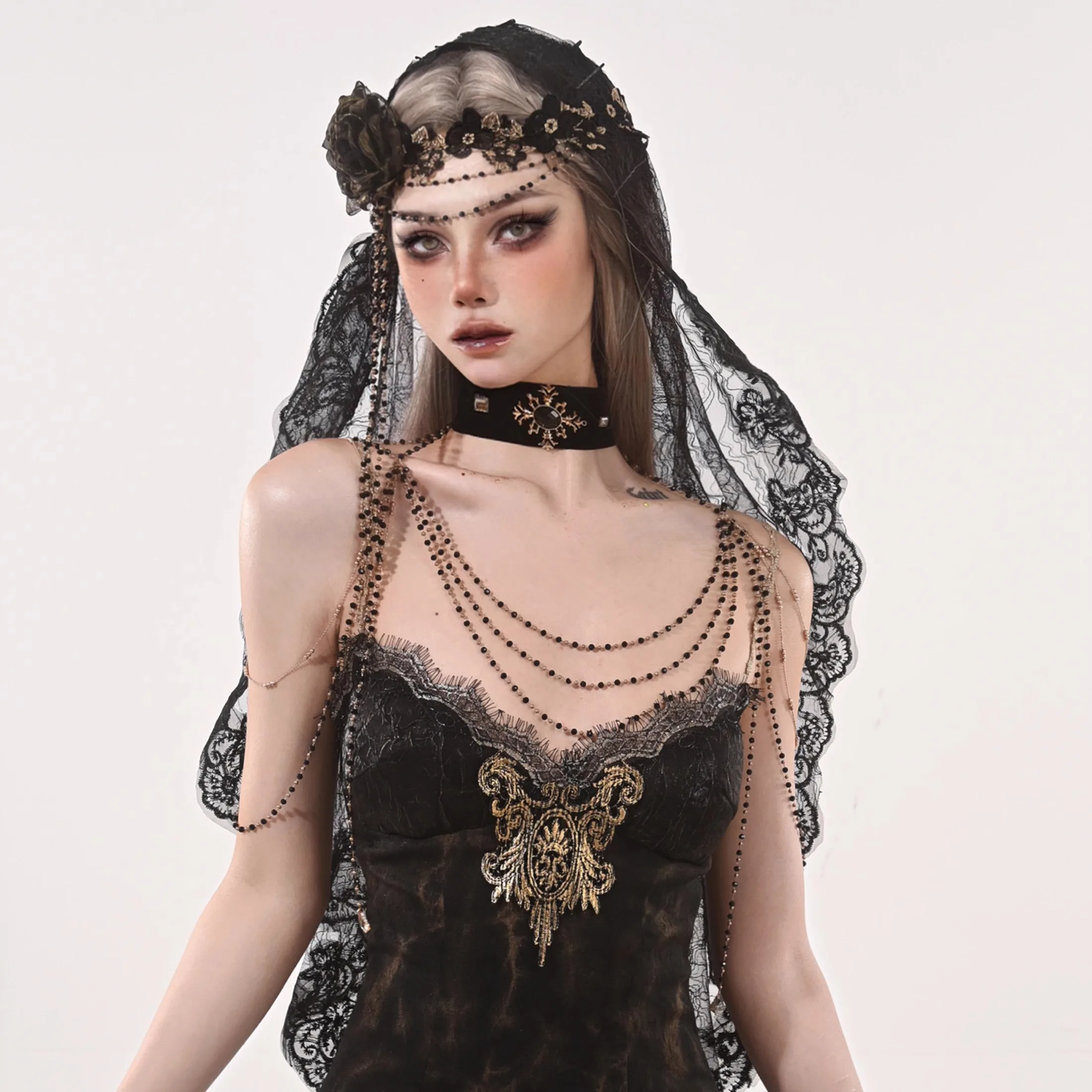 할로윈 블랙 레이스 모자를 쓰고 있죠 유령 신부 어두운 마녀 수녀 공주 고딕 액세서리 빈티지 중세 코스프레 베일