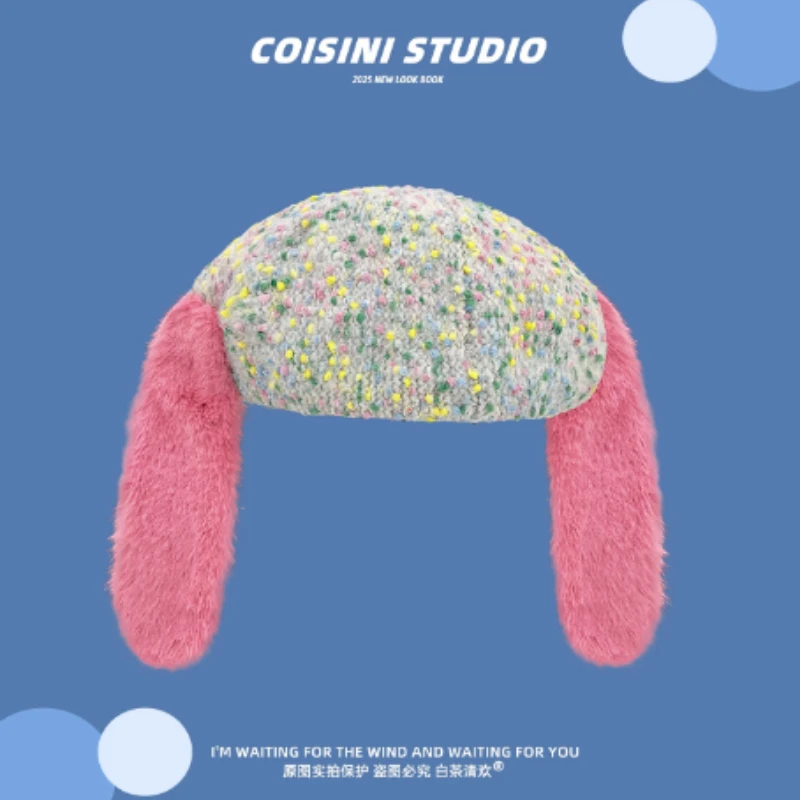 الكورية Ins لطيف مختلط اللون أرنب الأذن محبوك القبعات قبعة المرأة الخريف والشتاء الدافئة ومتعددة الاستخدامات Y2k قبة الرسام قبعة